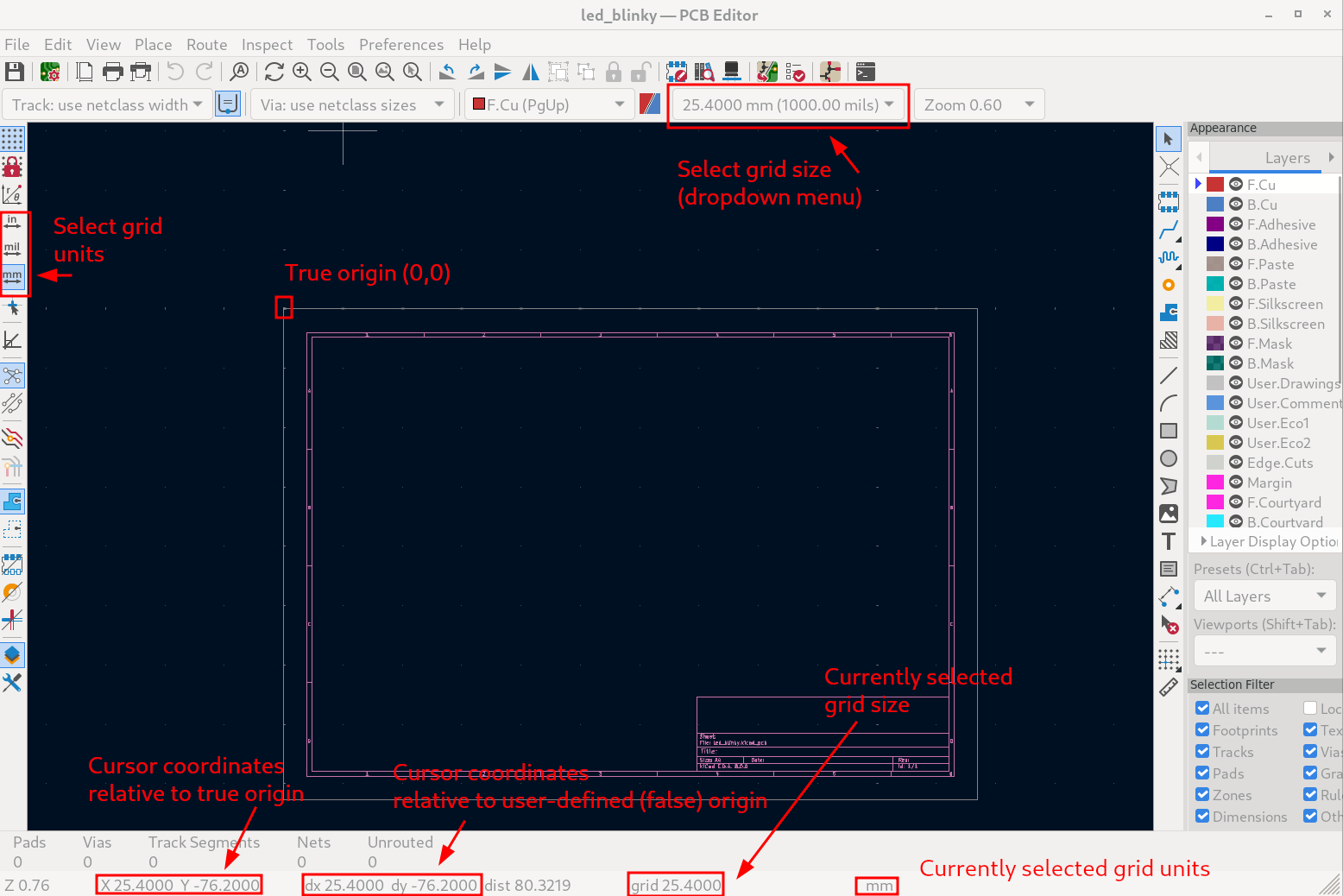 Figure 1: KiCad PCB Editor. Grid settings and coordinates